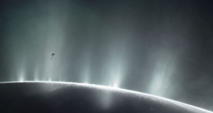 Saturn's moon Enceladus spews plumes of water hundreds of kilometers into space
